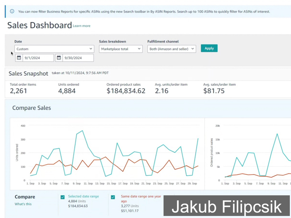 Seller Central dashboard showing $184,834.62 in sales for individual seller